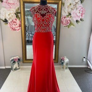 Jovani Red and Silver Embellished Prom Dress